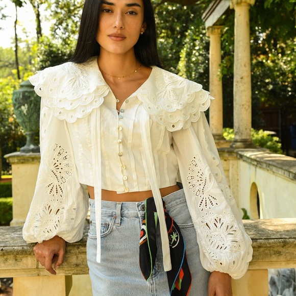 FARM RIO WOMEN'S RICHELIEU BIG COLLAR Eyelet BLOUSE Off White Sz S - Picture 16 of 16